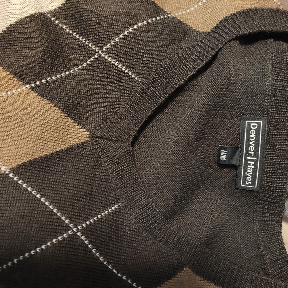 Denver Hayes Argyle Diamond V-Neck Knit Sweater Charcoal Brown Tan Size Medium - Picture 11 of 11